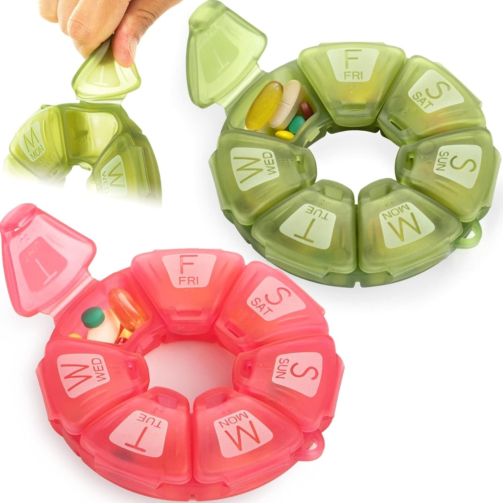Pyöreä viikko pilleri Organizer, TPU kumitettu, Matka pilleri Container 7 Päivä, jossa 7 suurta osastoa, suuri päivä vitamiinit ja lisäravinteet, Söpö pilleri tapauksessa suuria kirjaimia ja pistekirjoitus (2 kpl)