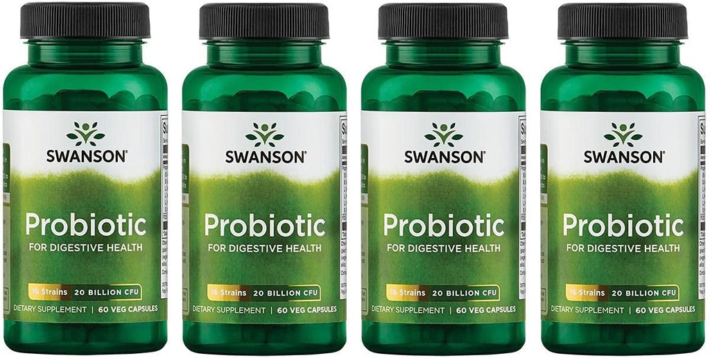 Swanson Probiotic för Digestive Health GI Tract Immune Support Travelers Support 20 miljarder CFU med Prebiotic FOS 60 Veggie Capsules (4 Pack)