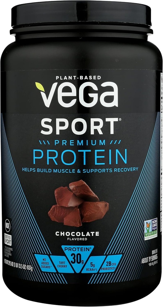 Vega Sport Premium Protein Powder, Chocolate, Vegan, 30g Plant Based Protein, 5g BCAAs, Low Carb, No Sugar, Keto, Dairy Free, Gluten Free & Non-GMO, Pea Protein för kvinnor och män, 29,5 Oz