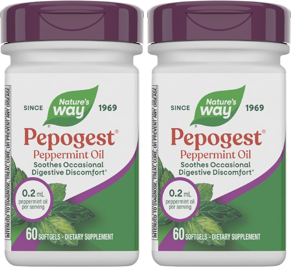 Naturens sätt Pepogest Peppermint Oil, Soothes Occasional Gastrointestinal Discomfort *, 60 Softgels (Pack of 2)
