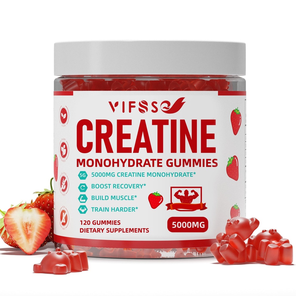 Kreatiini Monohydraatti Gummies 5 g miehille ja naisille, 120 sokeriton Gummies 200 Mg Magnesium Glycinate, 200 Mg L-treonate lihasten tuki, energia Boost