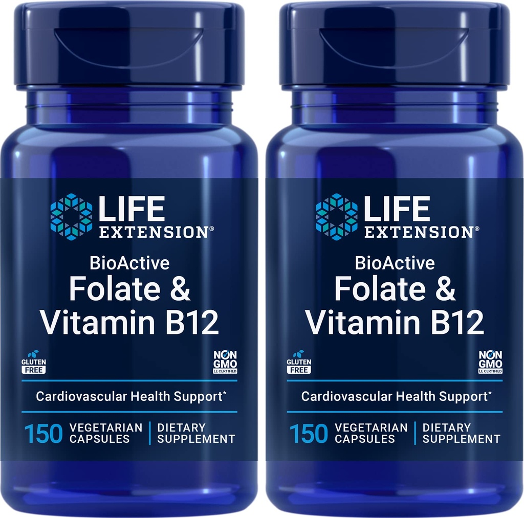 Life Extension BioActive Folate & Vitamiini B12, 150 Kasvissyöjän kapselit (pakkaus 2), ei GMO, Gluteenittomat