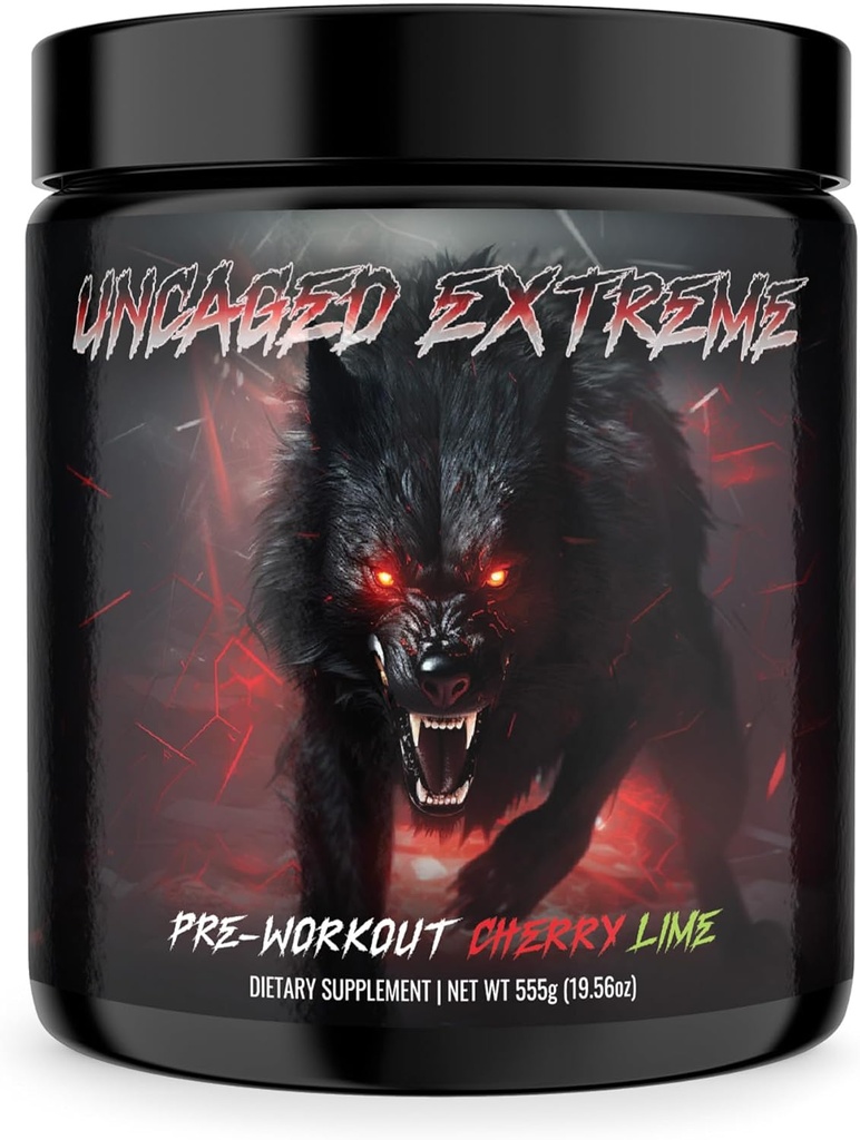 Uncaged Extreme Pre-Workout Powder - Extreme Energy, Focus, Nitric Oxide & Muscle Pump - Extreme Formel med L-Citrulline, Beta-Alanine, Rhodiola Rosea - 30 portioner - 1,22 Pounds - Cherry Lime