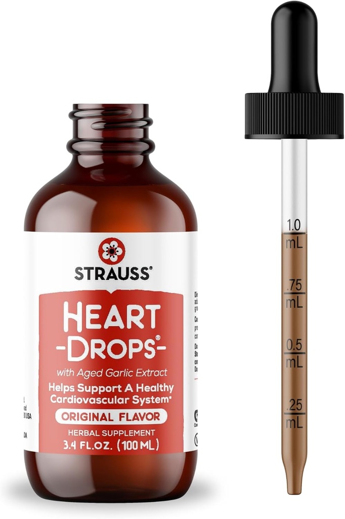Strauss Naturals Heart Drops - Natural Mistletoe & Aged Garlic Extract Heart Health Supplement - hjälper till att upprätthålla hälsosamt kardiovaskulärt system - Vegan & Non-GMO - 100 ml flaska