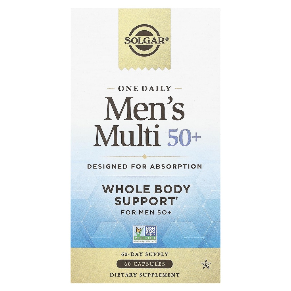 Solgar One Daily Mäns Multi 50+ Hela kroppen stöd för män 50 och äldre mycket absorberbara fördröjda frisättning hjärta, energi, stress, muskel, ben, prostata stöd vitamin 60 Vegan kapslar, 60 portioner