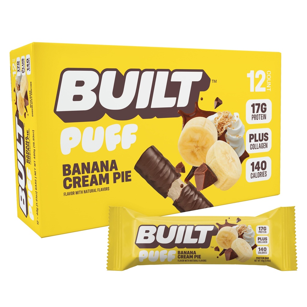 Byggd Bar, Puff Protein Bars, Banana Cream Pie Puff, 17g Protein Snacks, On-The-Go Bars, Endast 140 kalorier, 6g Sugar, Collagen, Gluten Free, 12 Count