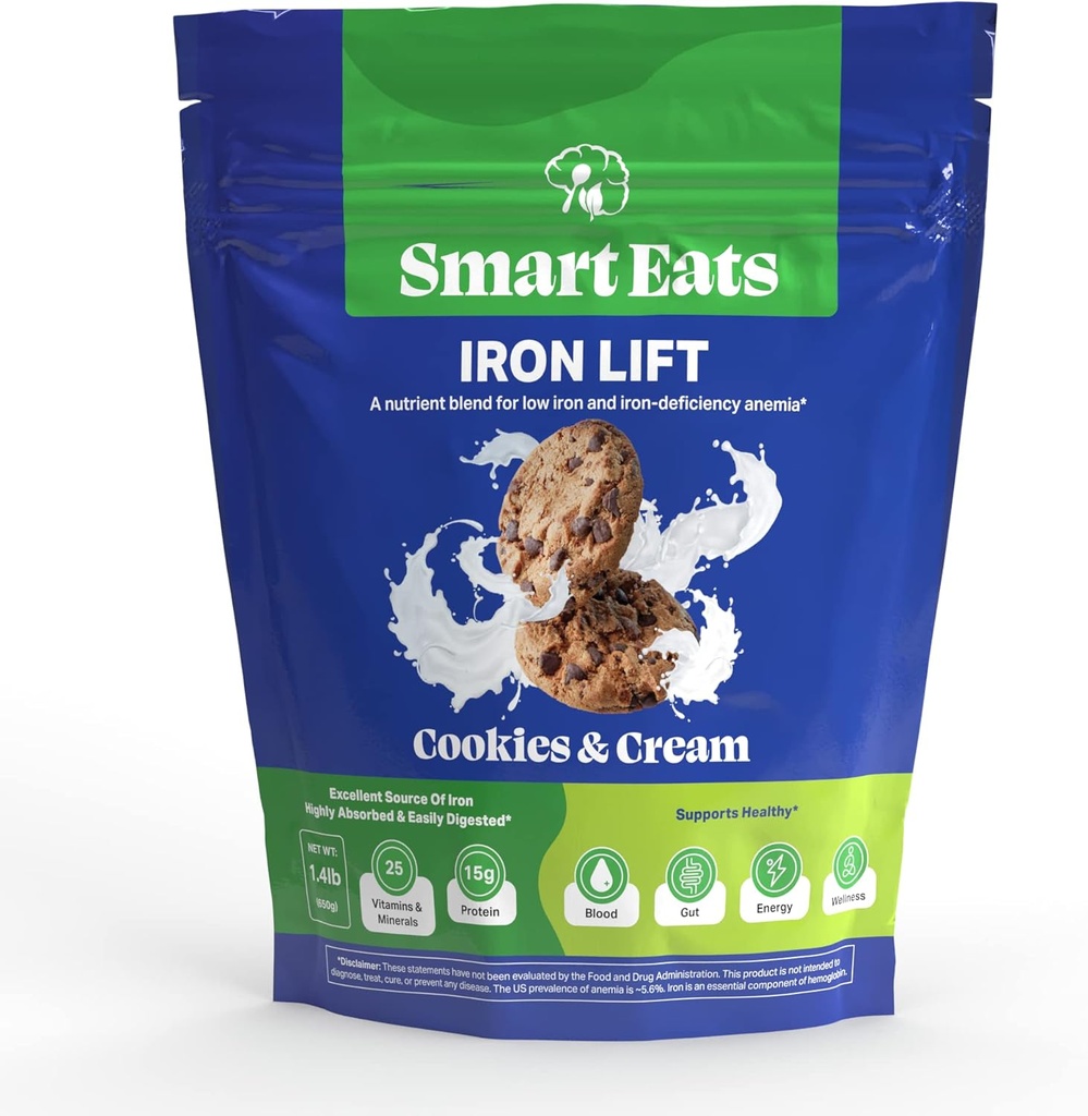Smart Eats Iron Lift | Powder Iron Supplement | Mer energi | Gentle Iron | Support Hair, Skin, Digestion | Stor för barn & vuxna | Gör smakfulla drycker / smoothies | Cookies & Cream | 30 skopor