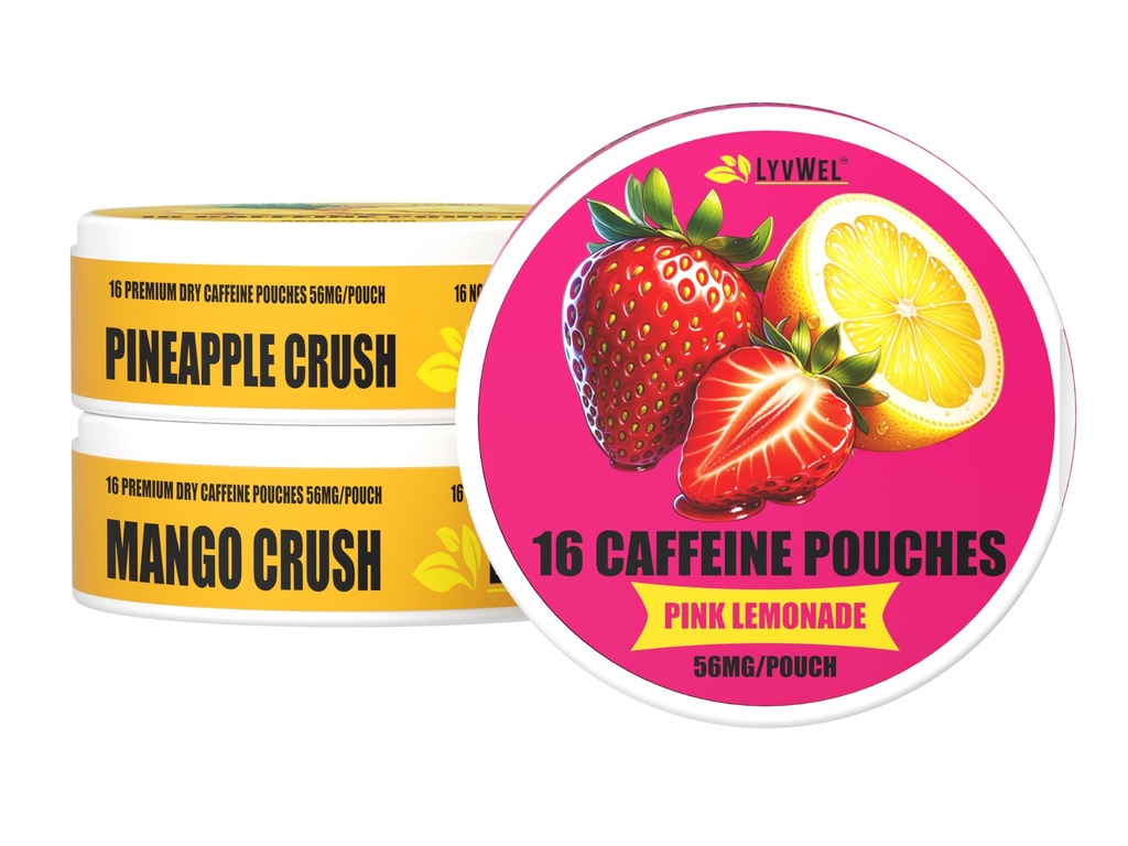 LyvWel 56mg kofeiinienergiapussit ... vaaleanpunainen sitruunamehu, ananasmurska, mango Crush ...