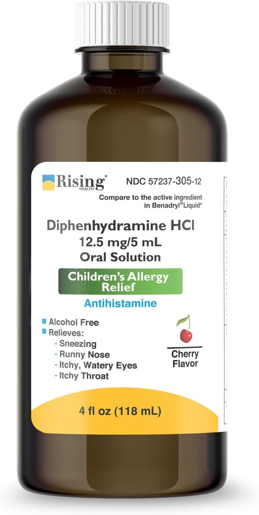 Rising Health - Allergy Relief Liquid Medicine Difenhydramiini HCl 12.5mg/5ml - Lasten Allergia Syrup Oireet kuten Runny Nenä, kutiava silmät & enemmän - Cherry Flavor - 4 fl. oz