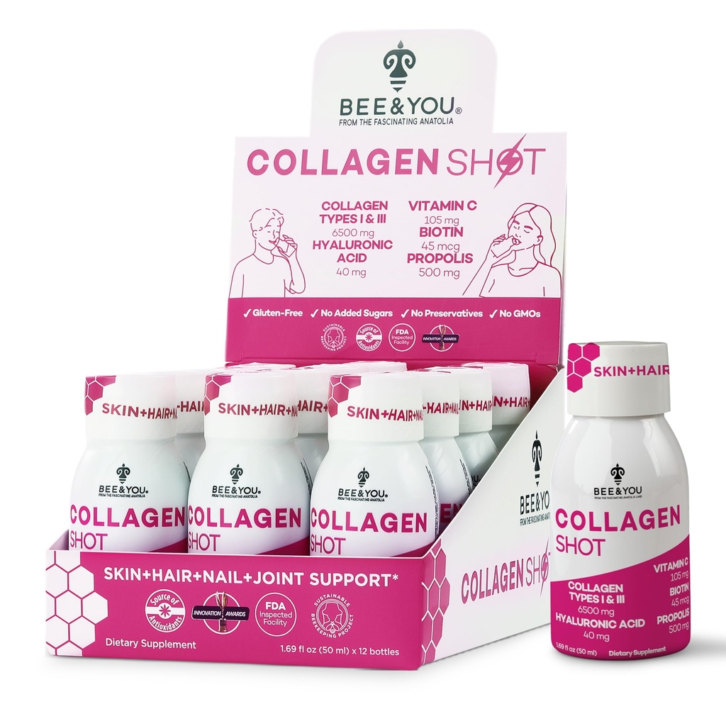 Bee ja sinä Collagen Liquid Shot Drink kanssa C-vitamiinia, Propolis Extract, Hyaluronic Acid, Biotin, edistää ihoa, hiukset, kynsien ja yhteinen terveys, 1.69 fl. Oz x 12 Pack