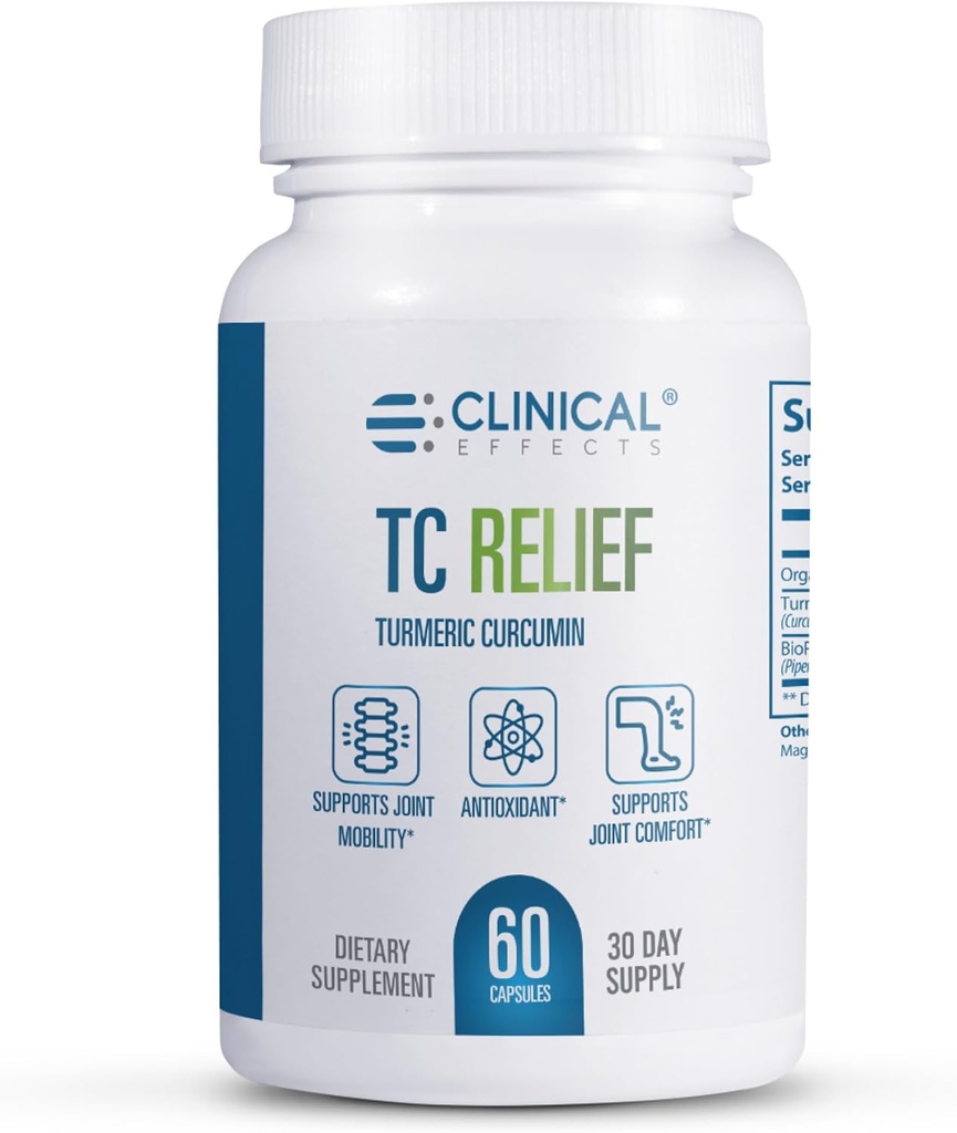 Kliniska effekter TC Relief - Gurkmeja Curcumin med Bioperine Black Pepper - Gemensamt komplement för komfort och rörlighet - 60 kapslar