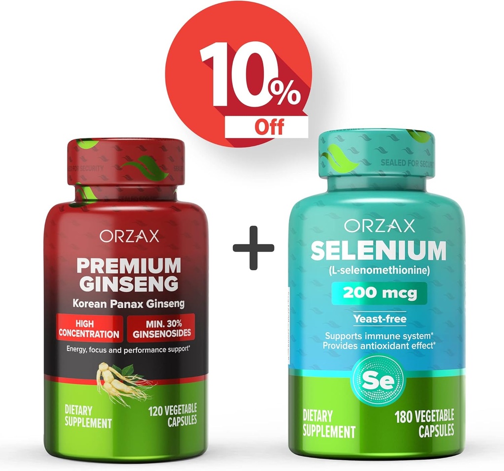 ORZAX Premium Ginseng 120 Vegatable kapselit ja Selenium 200 Mg 180 Vegatable kapselit, Bundle