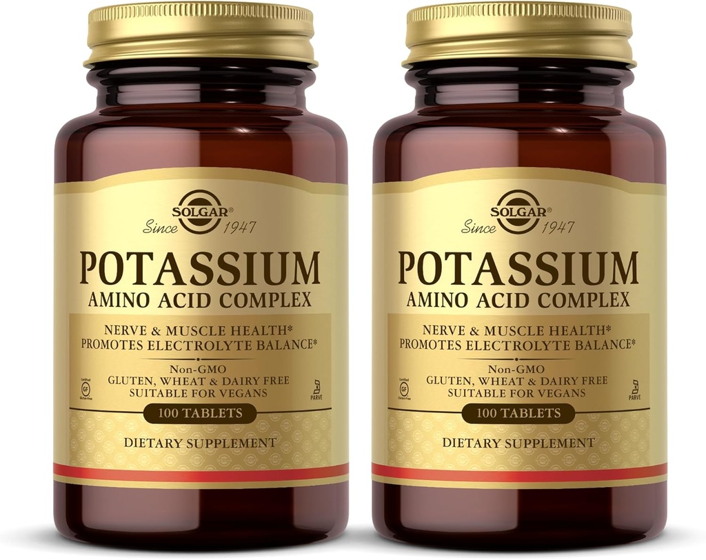 Solgar Kaliumaminohappokompleksi - 100 tablettia, 2 tabletin pakkaus - Elektrolyyttitasapainon edistäminen - ei-GMO, Vegaani, Gluteeniton, Maitotuotteeton, Kosher - 200 Tarjoilua