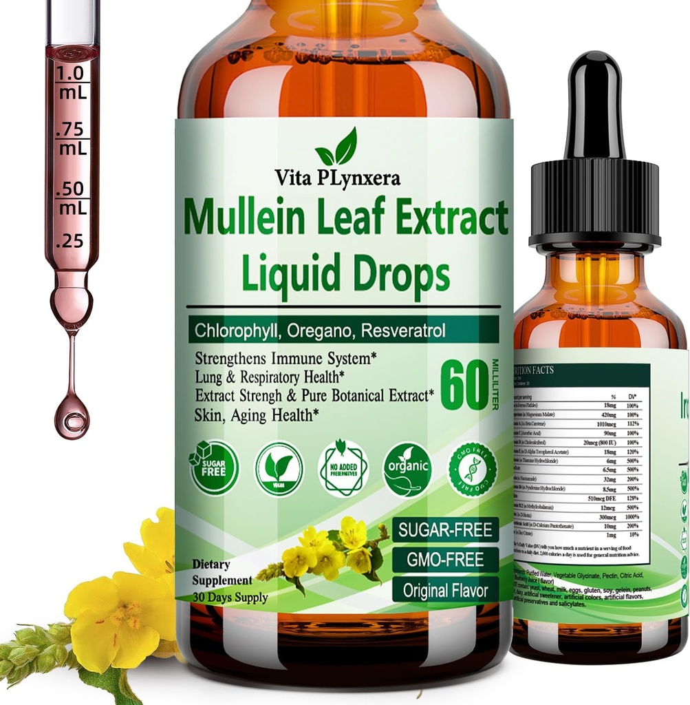 Mullein Drops för Lungs, Organic Mullein Leaf Extract för Lung Detox w. Chlorophyll Elderberry Oregano Oil Resveratrol Mullein Tincture Alcohol Free, Original Flavor, 2 f Fl / Oz