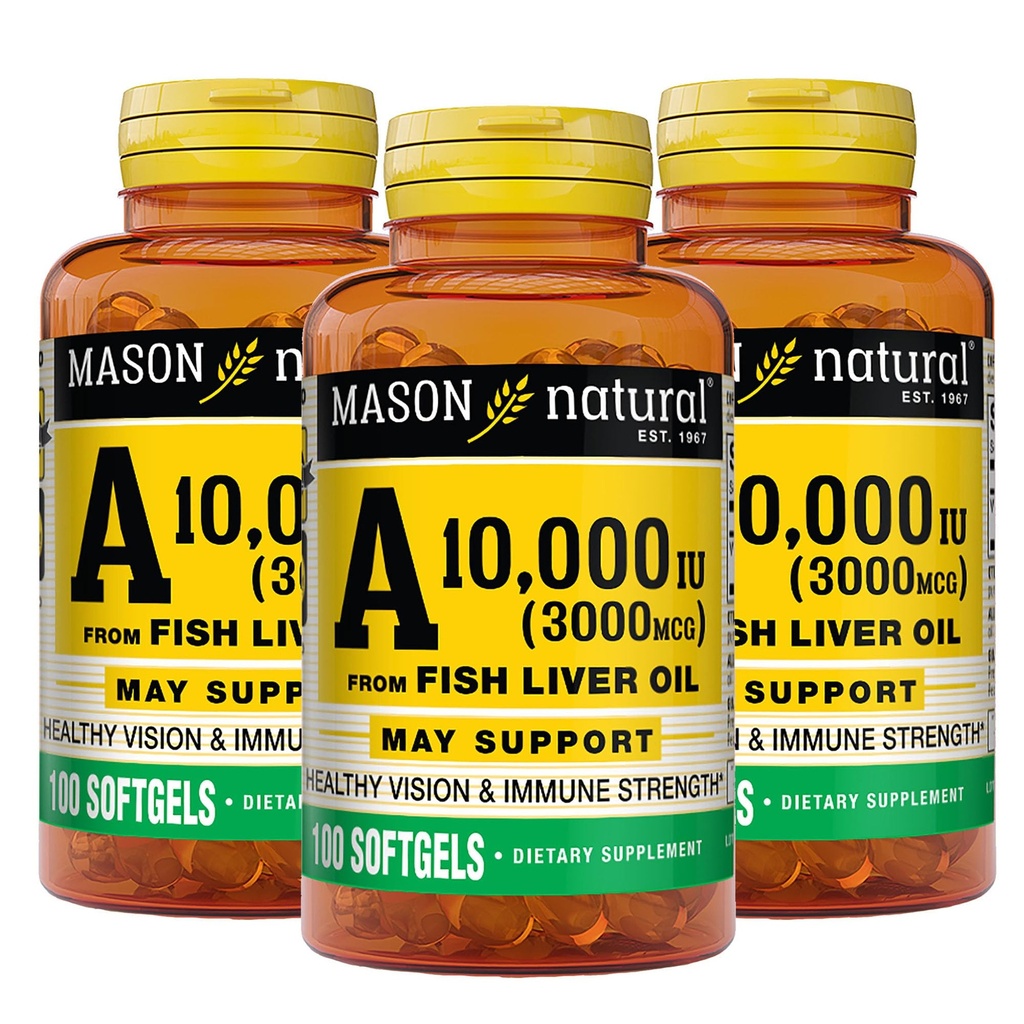 MASON NATURAL-vitamiini 3 000 mikrog (10 000 IU) Fish Liver Oil, tukee Vision & Immuno Health, 100 Softgels, pakkaus 3