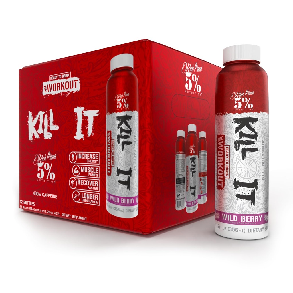 5% Nutrition Kill It Ready-to-Drink High Stim Pre Workout | 400mg Koffein Energidryck | Extreme Pump, Endurance, Focus & Hydration | Citrullin, Beta Alanine, Taurin | 12 Pack (Wild Berry)