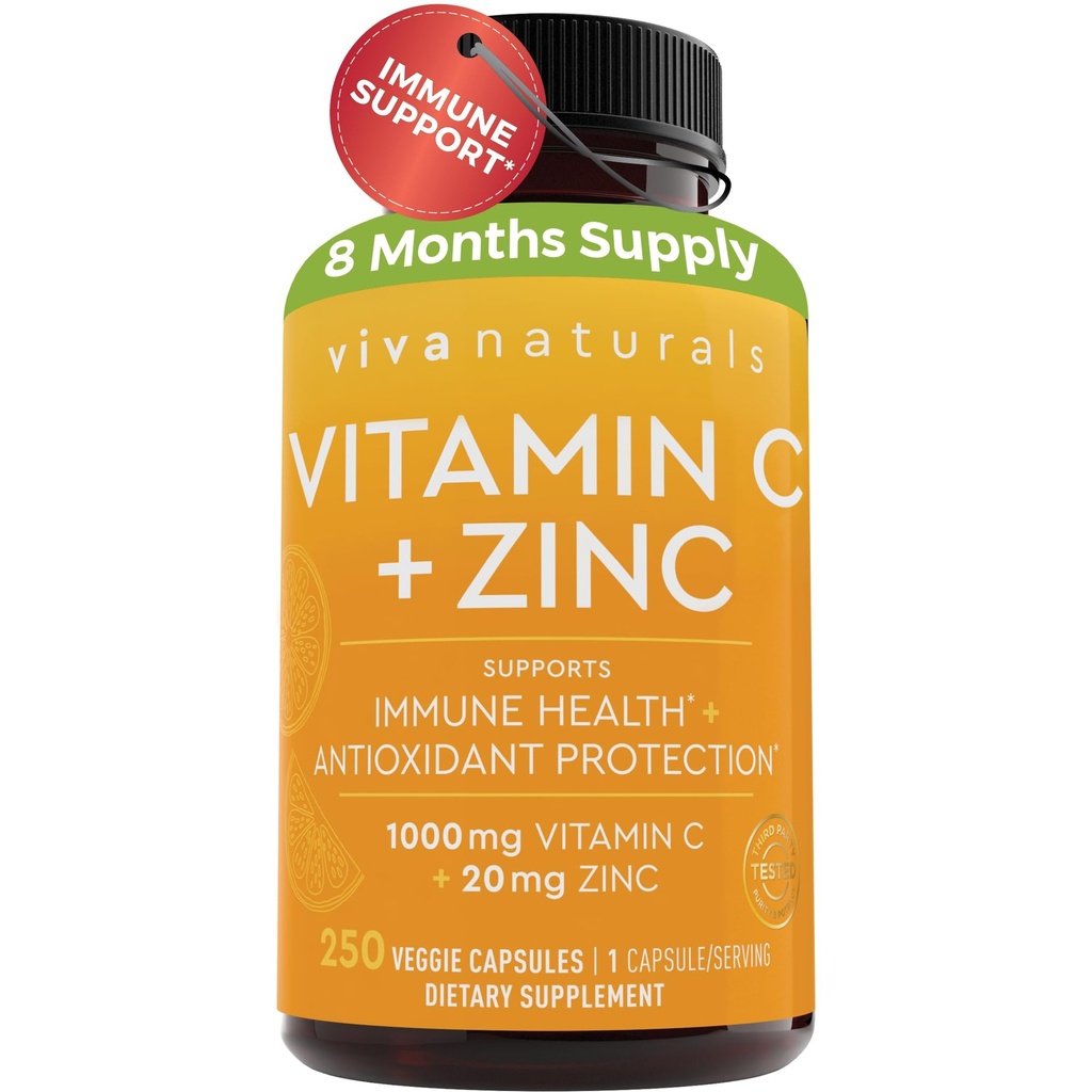 Viva Naturals C-vitamiini ja Sinkki täydentää 1000mg - Sinkki 20mg (250 kasviskapselit) - Korkea teho & C-vitamiini sinkkiä immuuni tukea - ei-GMO, gluteeniton (8 kuukauden tarjonta)