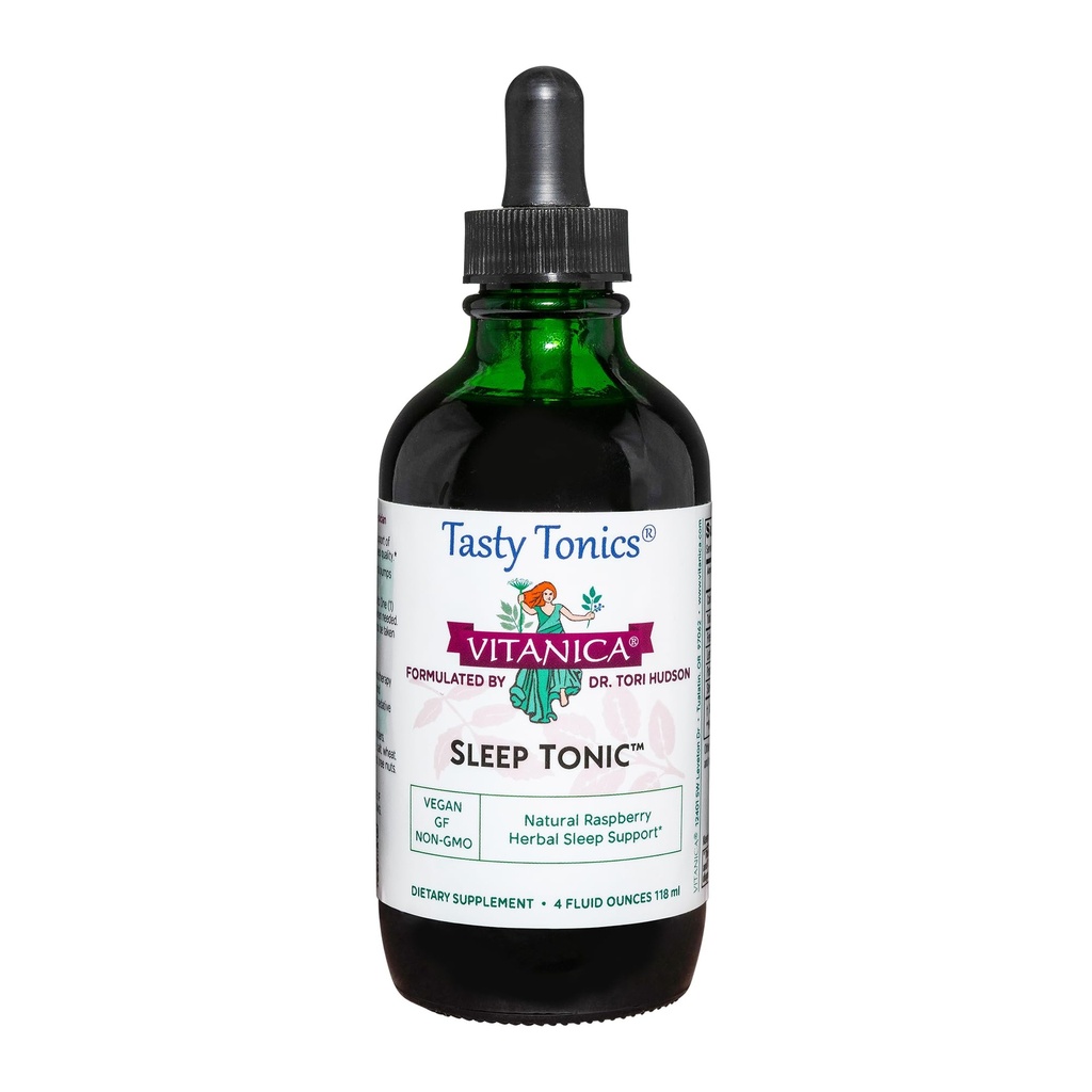 Vitanica Sleep Tonic, Natural Liquid Sleep Aid Supplement, Dr. Formulated, Rentoutuminen ja rauhallinen tuki aikuisille, Stressi helpotus, Valerian juuri, sitruunan balsami, Passion Flower, Vegan, 4 Ounce
