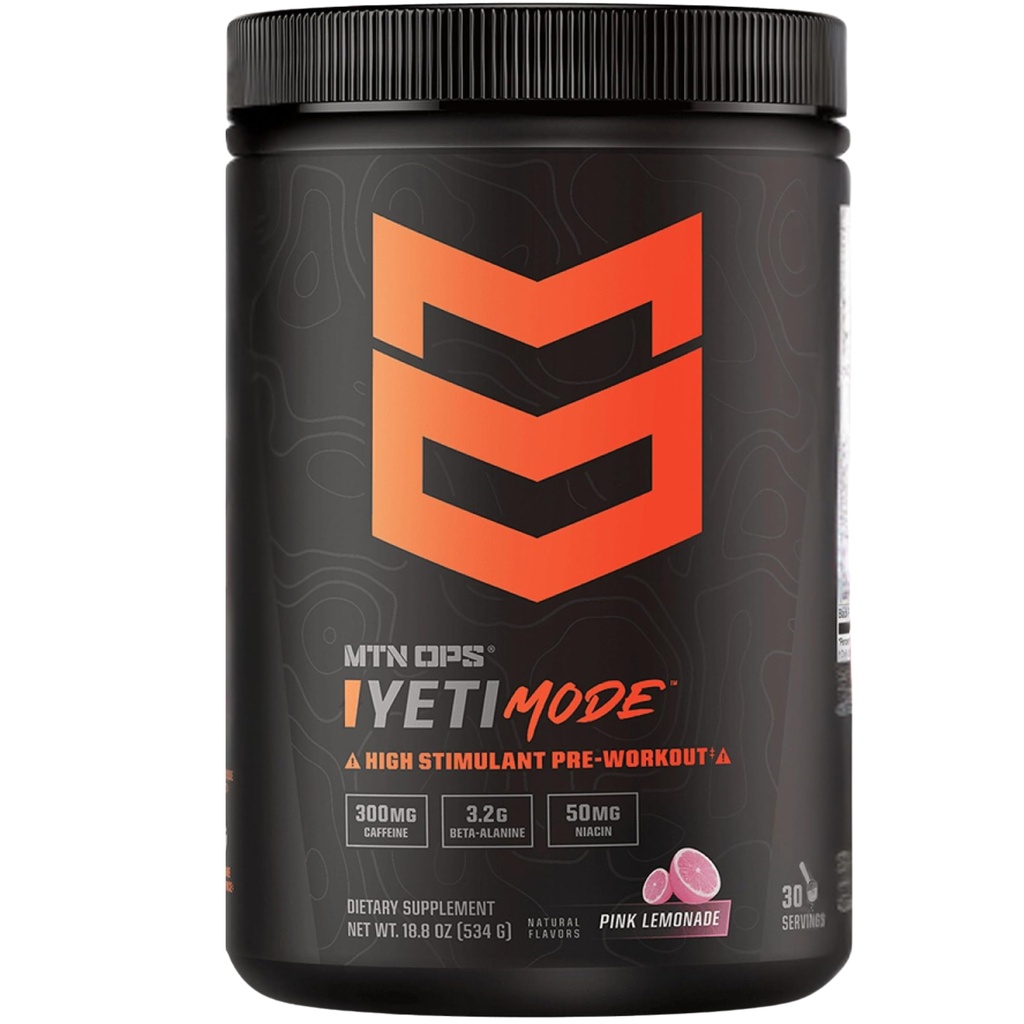 MTN OPS Yeti Mode Pre-Workout Powder - Explosive High-Stimulant 300 mg kofeiinilla, kreatiinimonohydraatilla, beta-Alaniinilla ja 45 mg Niacin - vaaleanpunainen sitruunamehumaku 30:ssä tarjoiluastiassa