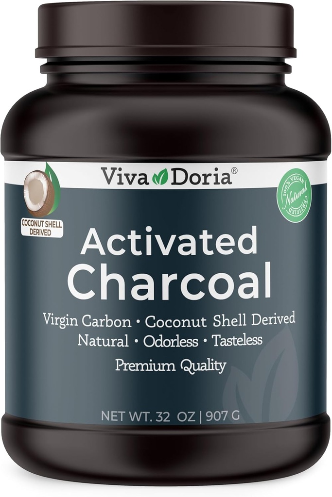 Viva Doria Neitsyt Aktiivinen hiilihiilijauhe, Coconut Shell Derived, Food Grade, 32 Oz