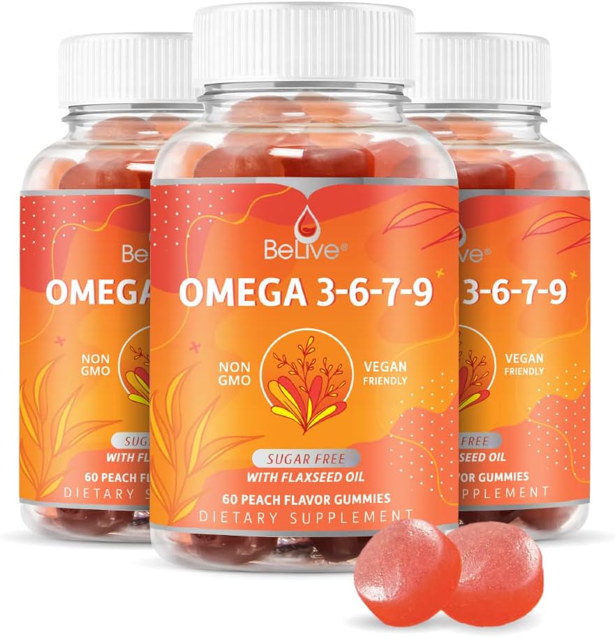 BeLive Organic Omega 3 Gummies - Omega 3 6 9 7 DHA & EPA pellavansiemenöljystä ja Sea Buckthorn Fruit Oil, Vegan, lapsille ja aikuisille, koko kehon, aivojen ja silmien tuki, sokeriton persikka 3-pack