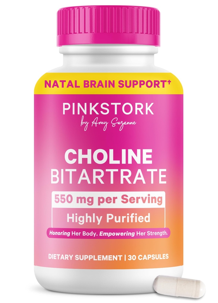 Pink Stork Choline - 550 mg Koliinibitartraatti VitaCholine raskaana + synnytyksen jälkeen Äidit - Prenatal Vitamiini Fetal Cognitive Health + Rintojen maidon laatu - 1 kapseli päivittäin, 30