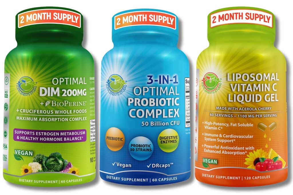 Hormonaalinen, digestiivinen ja immunosupport Bundle - DIM 200 mg BioPerine® & Crucfyonic Whole Foods + Vegan 3-in-1 Probiootti 50 miljardia PMY + liposomaalinen C 1100 mg Acerola Cherry - Ei täytettä