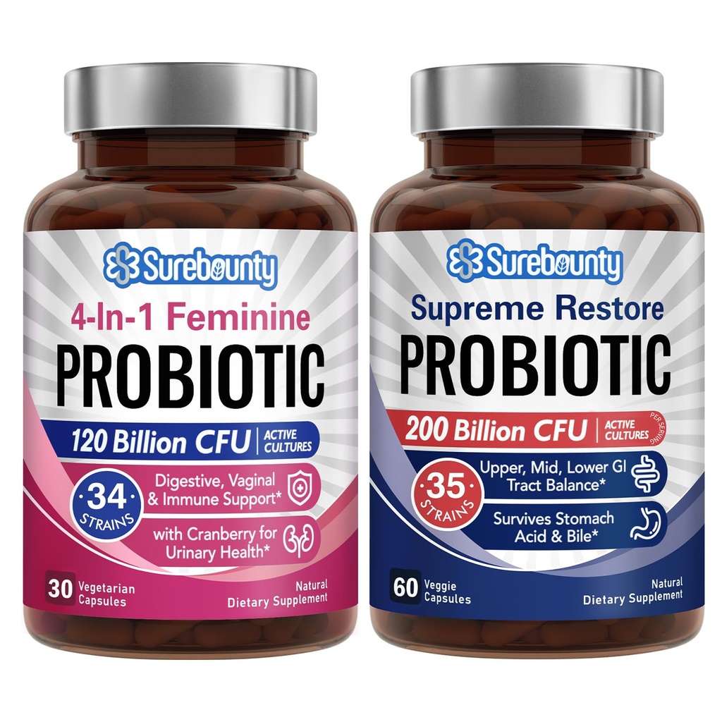 Probiotisk Bundle, 4-i-1 Feminin Probiotic (30ct) och Supreme Restore Probiotic (60ct), 2 Packs, Cranberry Vaginal Support, GI Tract Balance, Vegan, Non-Dairy