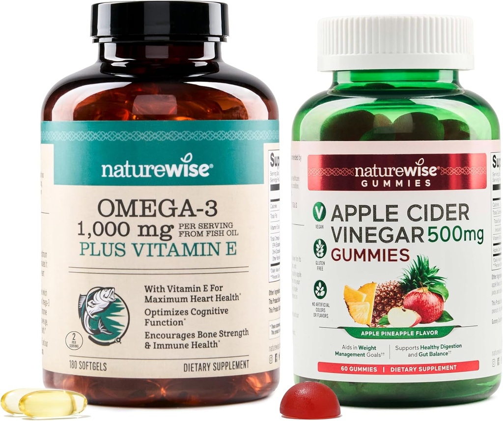 NatureWise Omega-3 Fish Oil 1000mg E 180-Count+ Apple Sider Viinietikka Gummies 500mg kanssa B12, 60-Count (Vegan Gummy) - Bundle Heart, Eye, Ruoansulatus - Gluteeniton, soija-vapaa, ei-GMO