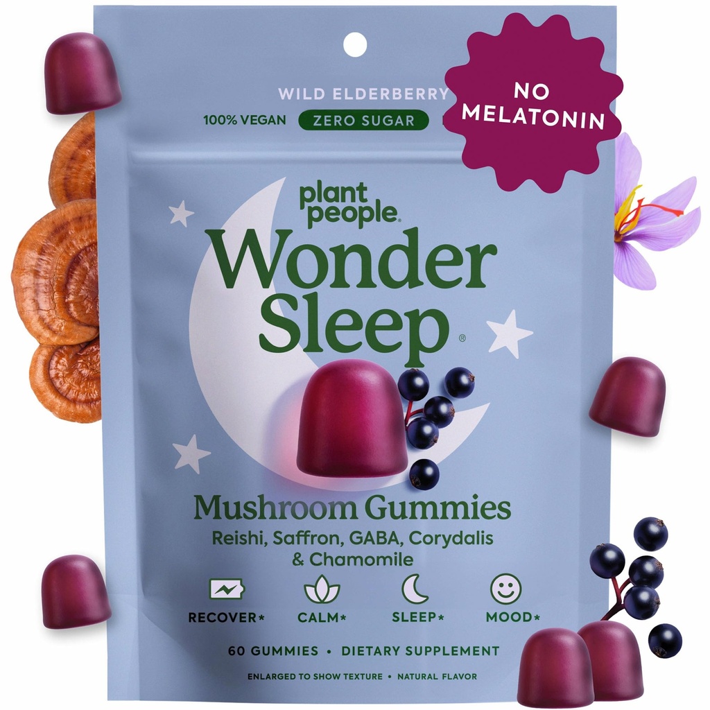 Plant People WonderSleep Mushroom Gummies Supplement for Sleep, No Melatonin with Reishi Super Mushrooms, Wild Elderberry Flavor, Sugar-Free (60 greve)