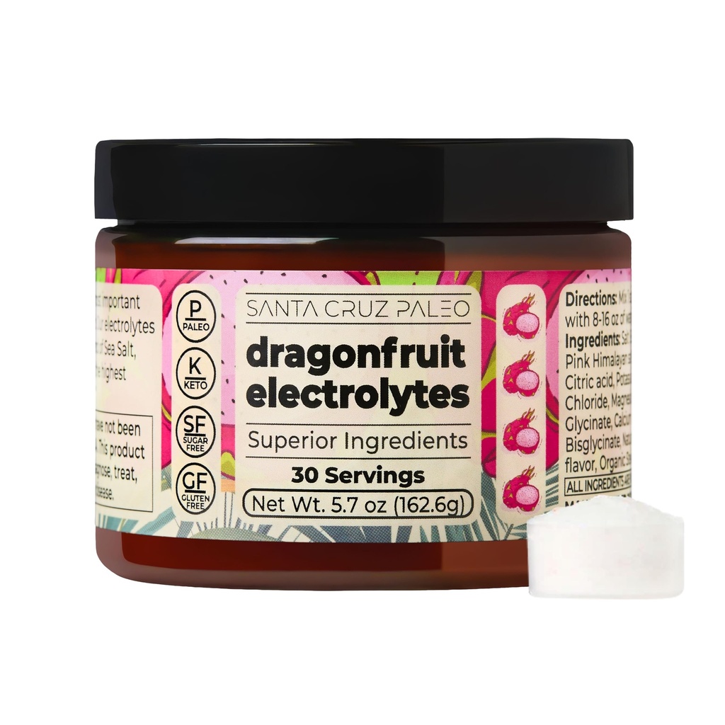 Santa Cruz Paleo Electrolyte Powder, Dragon Fruit Flavor, Sokeriton nesteytys Drink Mix Himalajan vaaleanpunainen suola, merisuola, Magnesium Glycinate, Kaliumkloridi, Makeutettu Stevia, 30 tarjoilua