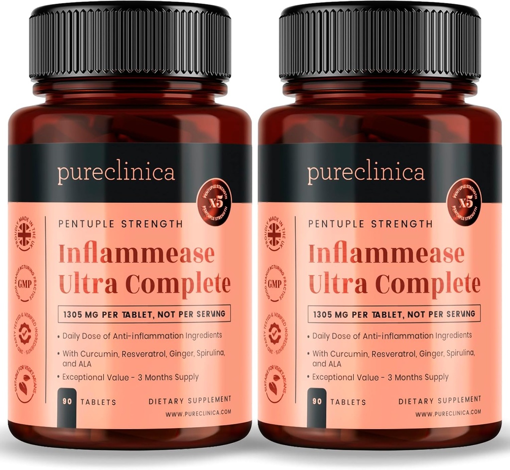 Pureclinica Inflammease Ultra Complete (Resveratrol, Inkivääri, ALA, Spirulia, Curcumin- 5 täydentää yhdessä) 1305mg x 180 tablettia - 2 pulloa 90 tablettia - 6 kuukautta Supply!