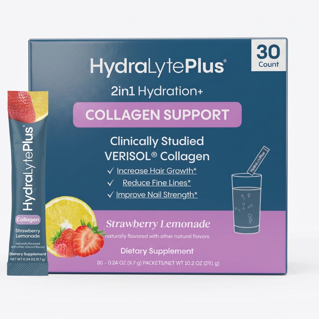 Hydralyte Verisol Collagen Packets Electrolytes, Hydraation Packets with Collagen for Women and Men, Electrolytes Powder with Collagen for Travel and Daily Hydration with C-vitamiini (30 kreivi)
