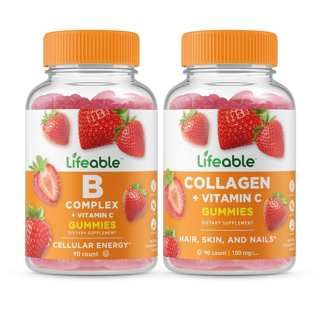 Elinkelpoinen B Complex + Kollageeni & C-vitamiini, Gummies Bundle - suuri maku, vitamiini täydentää, gluteeniton, GMO vapaa, purukumi