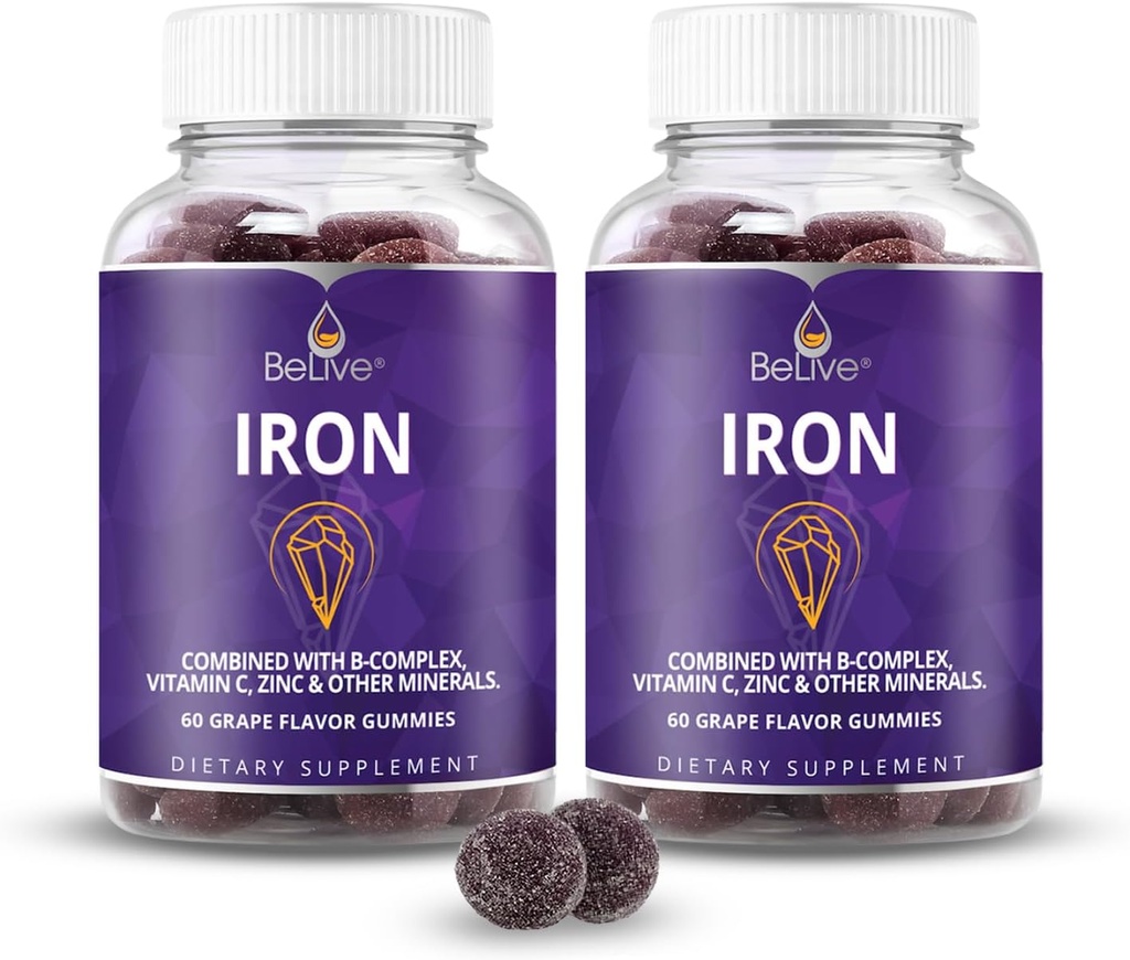 BeLive Iron Gummies - Monivitamiinirauta täydentää C-vitamiini, A, B & Sinkki, Tukee veren happi, Vegan täydentää naisille, miehet & lapset kasvun ja kehityksen - Rypäleen maku ... 2-pakkaus