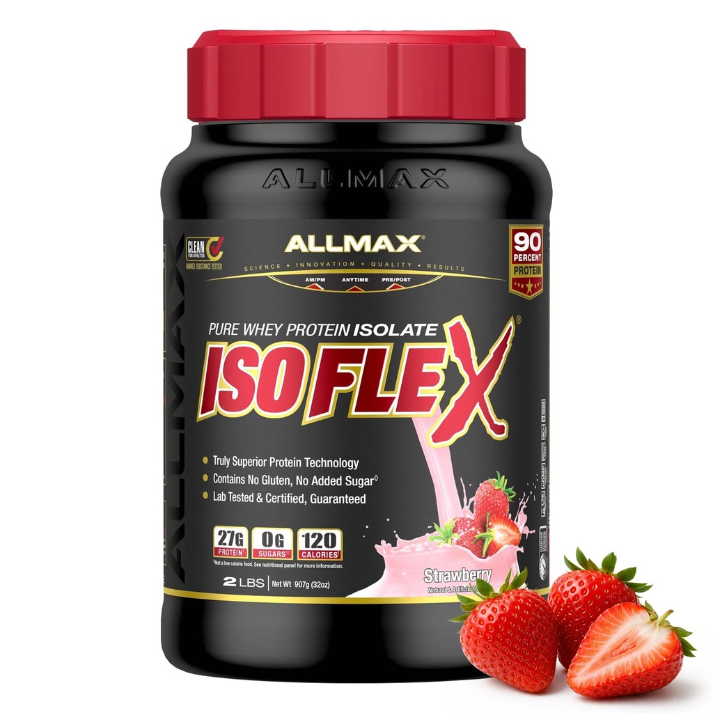 ALLMAX Nutrition ISOFLEX Heraproteiini-isolaatti, mansikka - 2 lb - 27 grammaa proteiinia per scoop - nolla rasvaa ja sokeria - 99% laktoositonta - gluteeniton ja soijaton - Arvioitu 30 annosta
