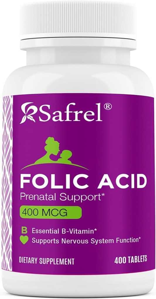 Safrel Folic Acid 400 mcg - Vitamin B9-400 tabletter, Essential Prenatal och Postnatal Vitamin för Fetal Development, Red Blood Cell Production, Cell och Neural Development | Non-GMO, Vegan