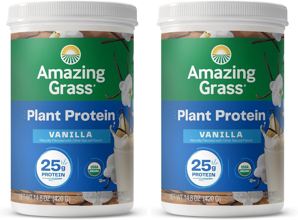Amazing Grass Vegan Protein Powder, Plant Based Organic Blend kanssa 25 g proteiinia, Meijeri, Gluteeniton - Kermainen vanilja (10 tarjoilua) (paketti 2)