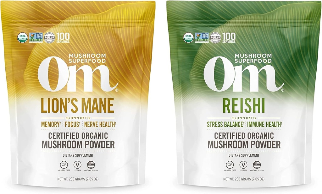 OM MUSHROOM SUPEFOOD 7.05oz Bundle, Lion's Mane & Reishi Organic Mushroom Powder, 200 tarjoilua