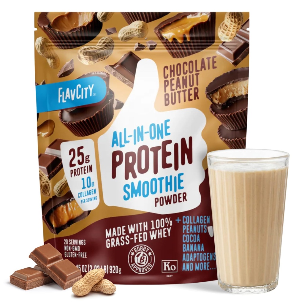 FlavCity Grass Fed Whey Chocolate Protein Powder - Chocolate Peanut Butter - 25g Protein & 10g Collagen - valmistettu luomu kaakao & Coconut Milk - Gluteeniton & ei lisättyä sokeria (20 tarjoilua)