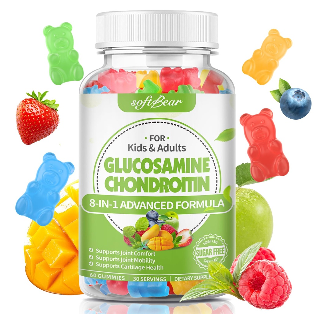 softbear Glukosamiini Chondroitin Gummies for Aikuinen, sokeriton kondroitiini & Glukosamiini Ravitsemukseen Lisäravinteet Joint Support, Sekoitetut hedelmät Flavor, 60