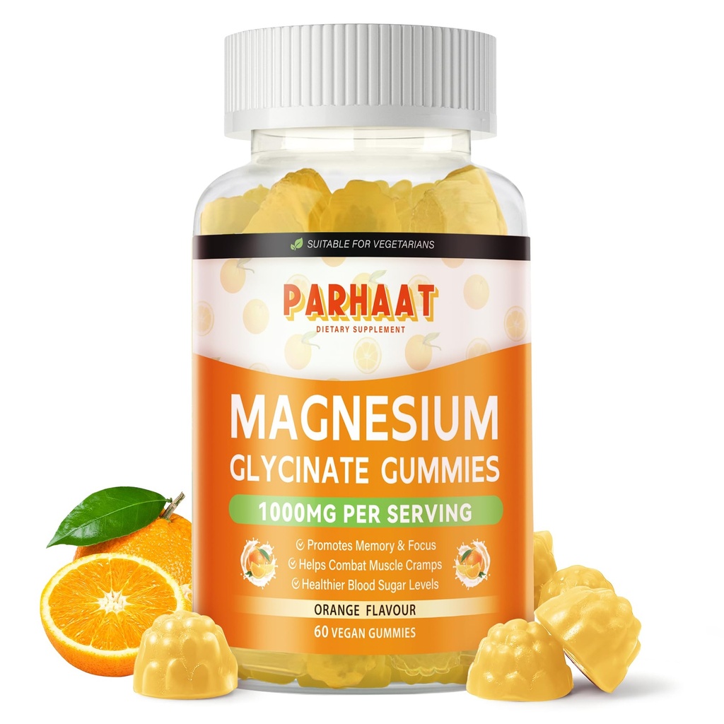 Magnesium Glycinate Gummies 1000mg - Sugar Gratis Magnesium Kalium Tillägg med vitamin D, B6, Q10 för Calm Mood & Sleep Support - 60 Orange Gummies