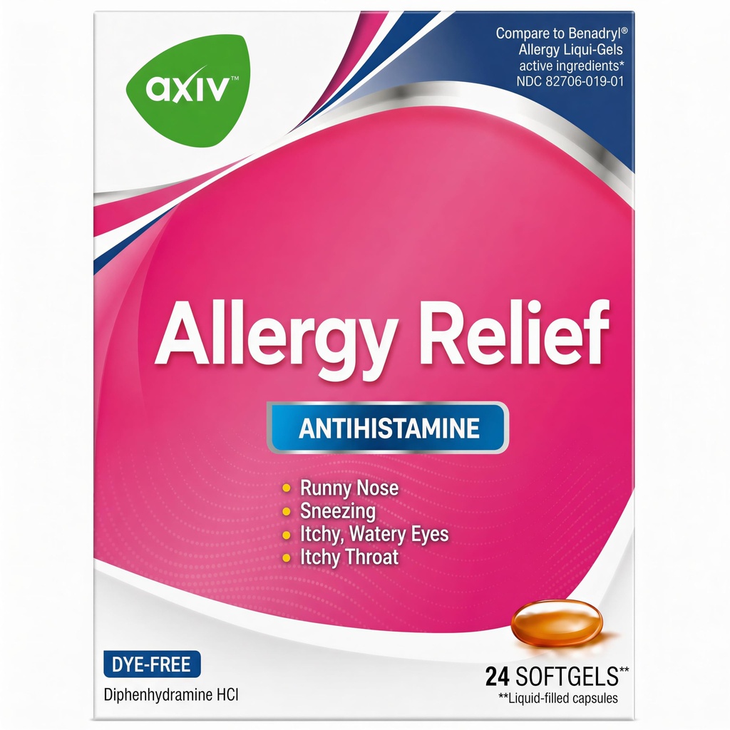 AXIV Allergy Relief Softgels, Antihistamiini Medicine & Cold Symptom Relief, Dye-free Liquid Geels, 25 mg Difenhydramiini HCl, Runny Nenä, Aivastelu, 24 kreivi (24 Softgels)