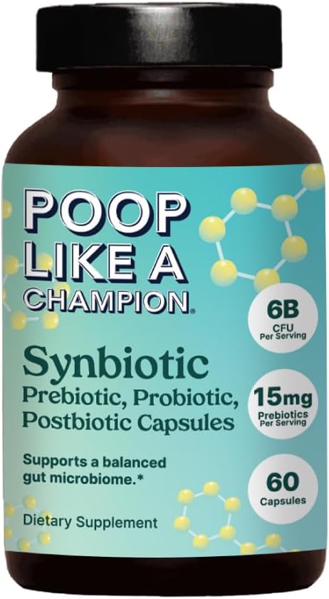 Poop Like a Champion Gut Power Synbiootti (prebiootti, probiootti, Postbiootti) 60 kapselia, vegan, non-GMO-digestiivinen terveys täydentää, 6,5 miljardia PMY
