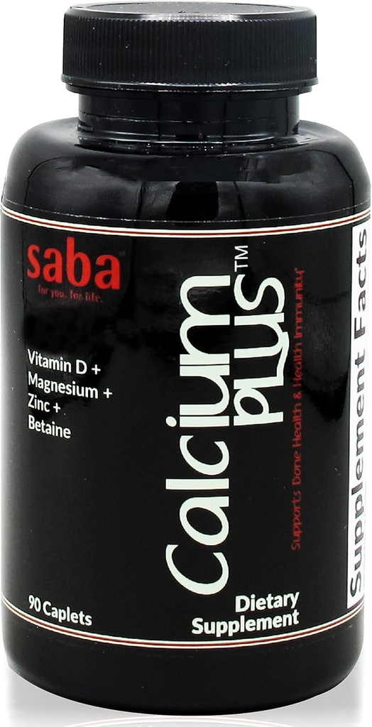 Saba Calcium Plus - Luun vahvuus - Kalsium, magnesium, kalium, D-vitamiini, Sinkki, Betaiini - GMO, soija, Gluteenittomat ainesosat - Koko elintarvikkeiden täydennysosa luun terveys, immuuni - 90 Caplets