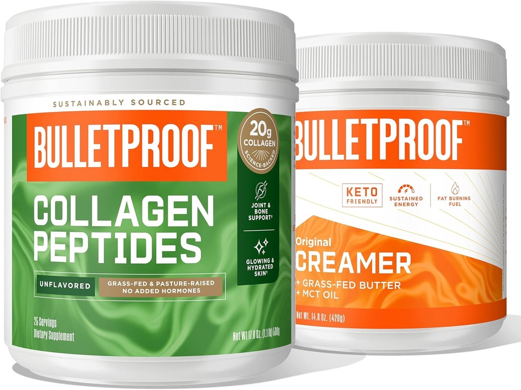 Bulletproof Unflavored Collagen Peptides Powder, 18g Protein, 17.6 OzōOriginal Unflavored Creamer, 2g Net Carbs, 10g Healthy Fats från Powdered MCT Olja