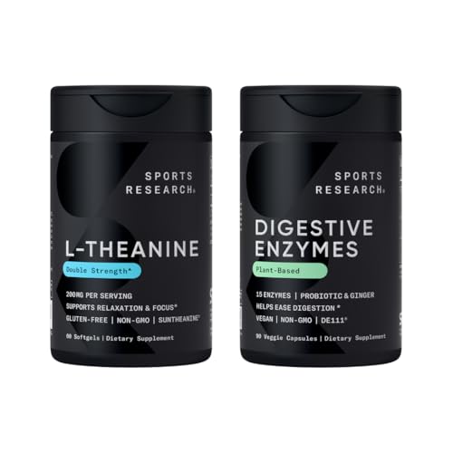 Sports Research Double Strength L-Theanine Suntheanine Softgels for Focus, Rentoutuminen & Alertness kanssa Coconut Oil 60 Count and Dgestive Enzymes + Probiootit & inkivääri kasvi perustuu 90