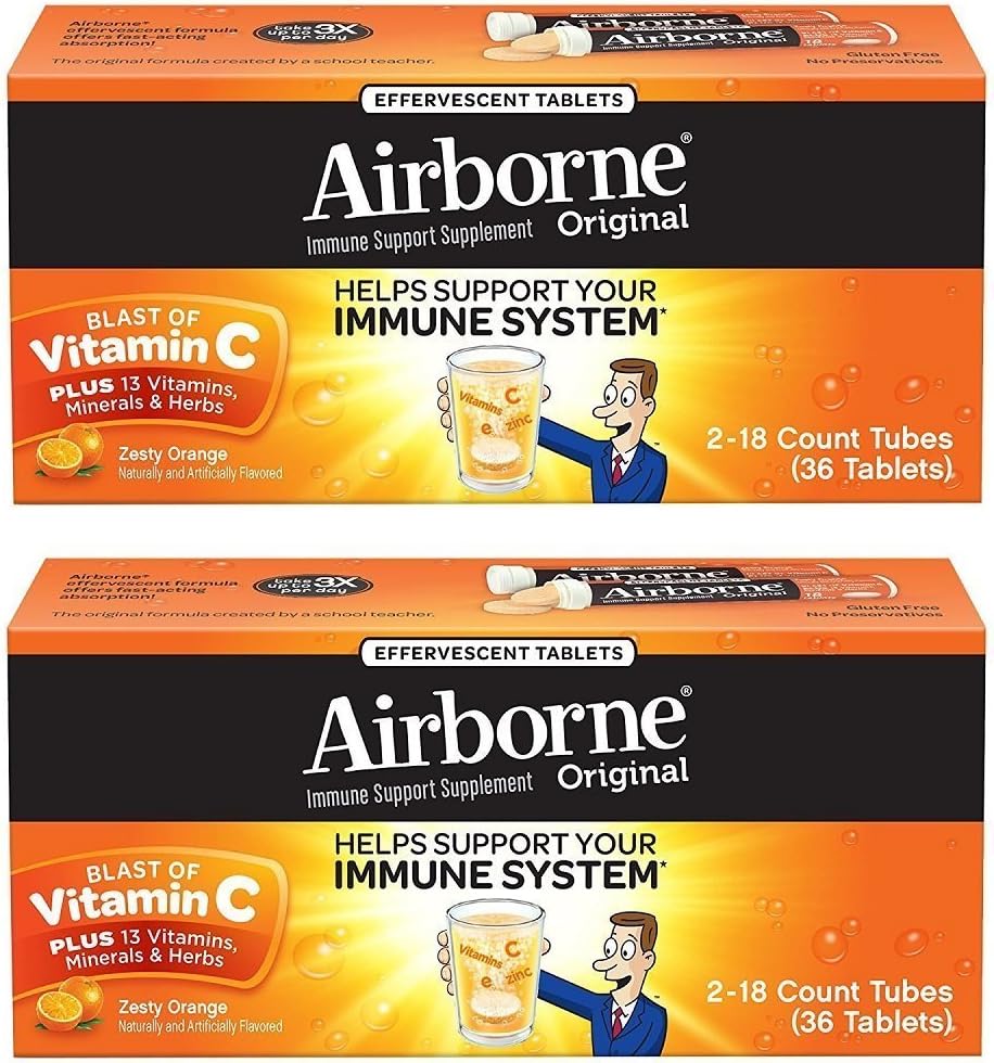 Airborne Zesty Orange Effervescent Tablets Vitamin C 1000mg x 36 grejer (2 Pack)
