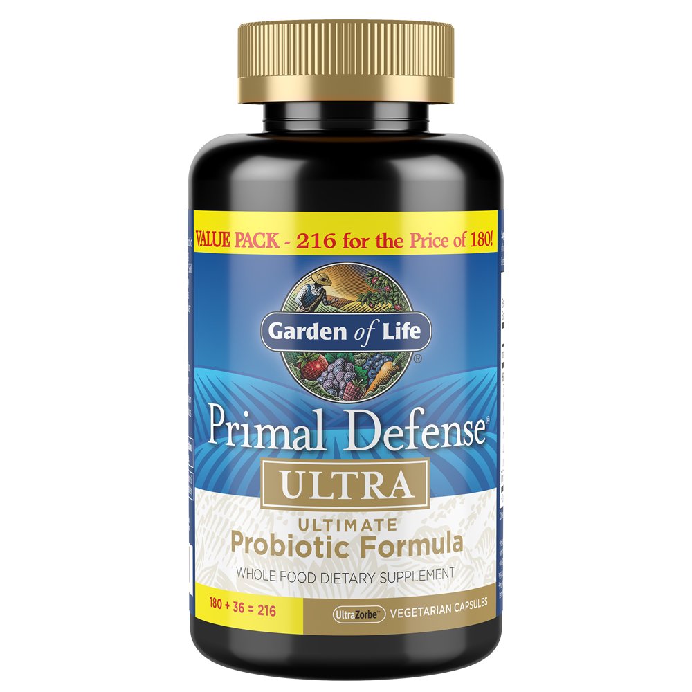 Elämän puutarha Probiootit Ruoansulatus- ja suolistoterveyden tasapaino, Primal Defense Ultra Ultra Ultimate Formula, 15 miljardia PMY ja 13 kanta Plus HSOs, kasvissyöjä ja gluteeniton, 216 kapselia