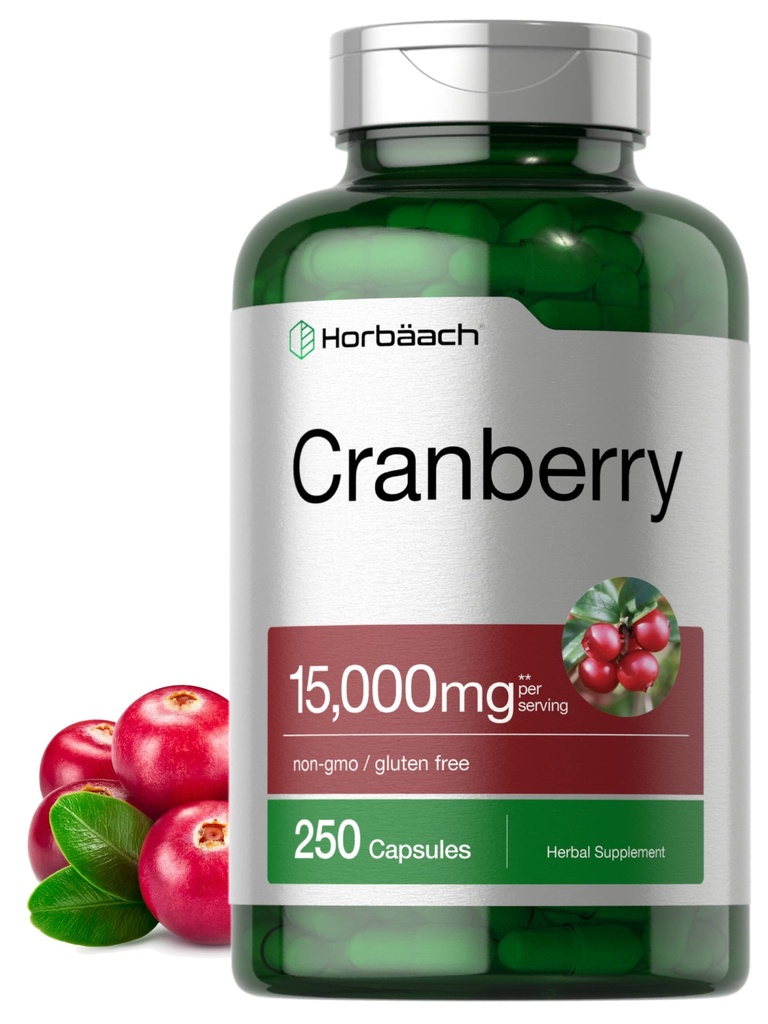 Horbäach Cranberry Pills + Vitamin C | 15 000 mg | 250 kapslar | Icke-GMO och Gluten fri tillägg från koncentrat extrakt